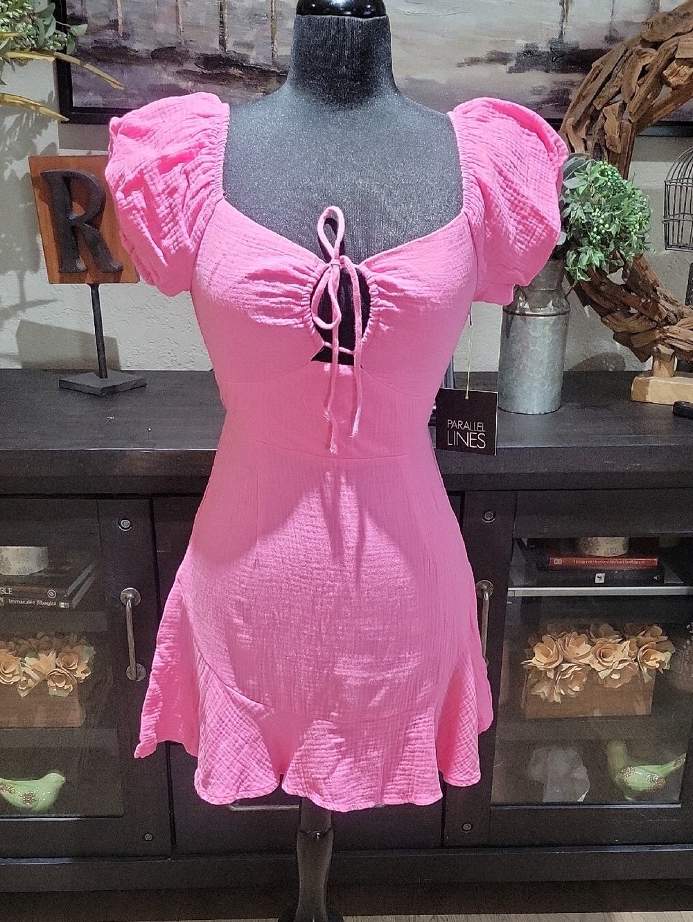 Pink Puff-Sleeve Tie-Front Mini Dress - Parallel Lines